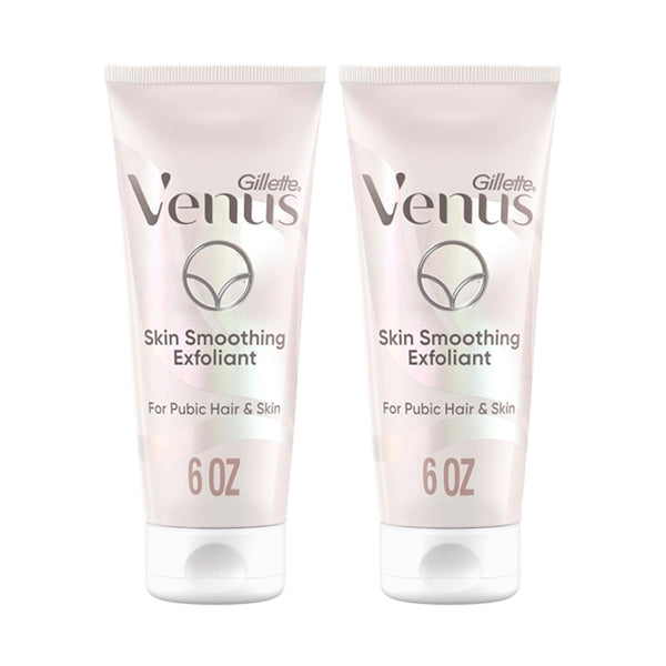 Two 6oz tubes of Gillette Venus Intimate Grooming Skin-Smoothing Exfoliant by Gillette are displayed side by side against a white background. This is a 2 pack for intimate grooming.